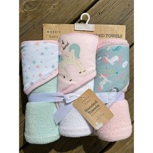 NEW Modern Baby Set of 3 Hooded Towels Unicorn Stars Absorbent Pink&Green Girls